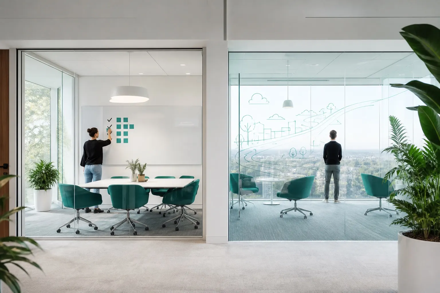 Two adjacent glass rooms — one tidy and finished, one looking out toward a farther horizon.
