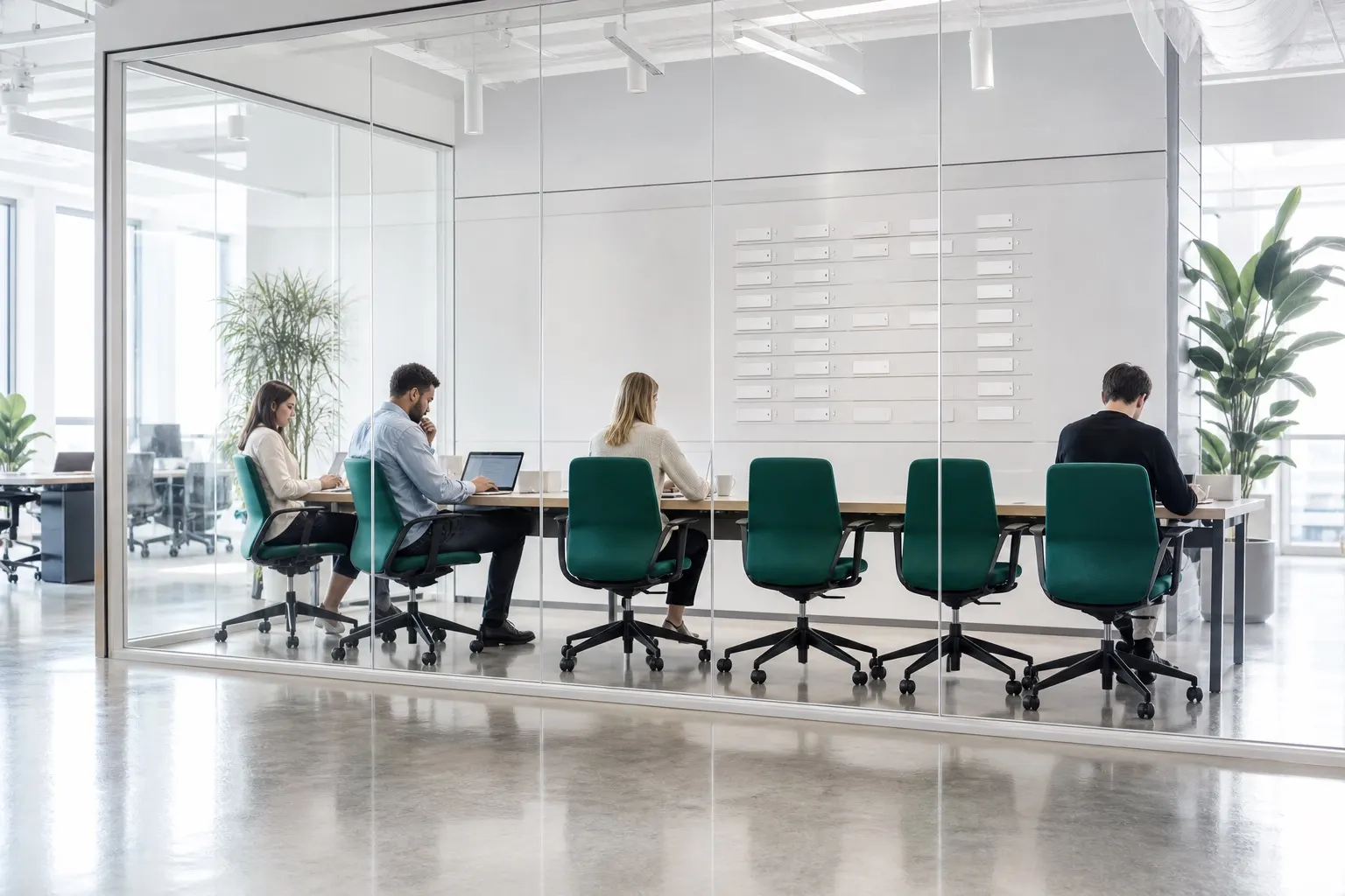 A long office table seen through glass, with occupied seats and clearly empty chairs left in the open.